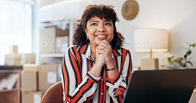 Buy stock photo Thinking, woman and laptop for distribution of small business, planning and delivery schedule. Smile, person and thoughts with online order ideas, ecommerce logistics and problem solving for solution
