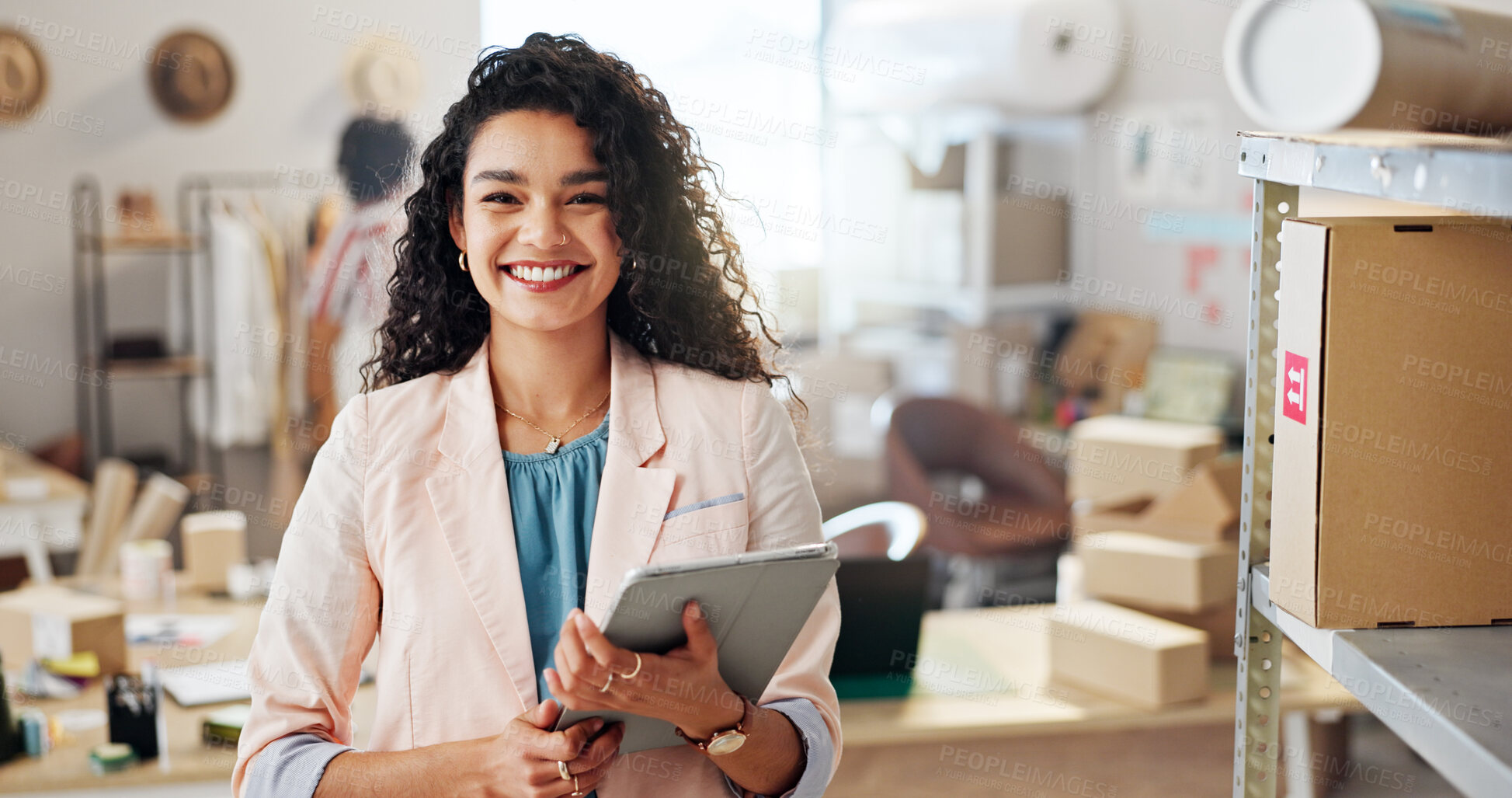 Buy stock photo Portrait, smile and woman with tablet of distribution, fashion ecommerce and boutique management. Female person, digital and small business for supply chain, clothes production and logistic inventory