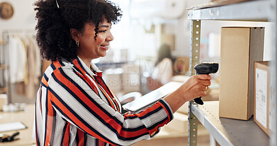 Buy stock photo Woman, tablet and box with scanner for supply chain, check barcode and online shop for small business. Startup, female person and seller with digital for ecommerce, inventory and price for package