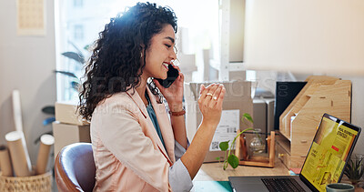 Buy stock photo Woman, laptop or phone call for order in small business for stock, supply chain or fashion boutique startup. Designer, store owner and talking for online cargo, sales service and ecommerce delivery