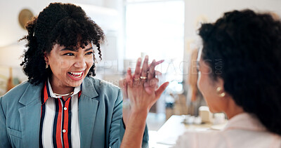 Buy stock photo Online shop, business and women with high five celebration for profit growth, ecommerce sales and startup success. Fashion boutique, people and excited with store achievement, teamwork or opportunity