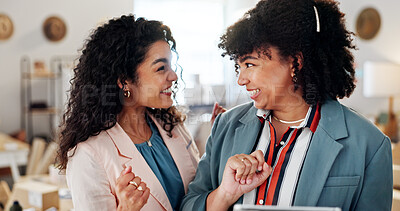 Buy stock photo Excited, business and people on tablet for distribution good news, sales progress and logistic success. Smile, women and digital of online orders, delivery announcement and winner as fashion designer