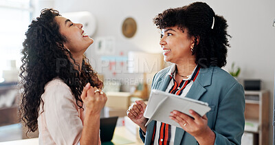 Buy stock photo Smile, people and success on tablet for distribution, good news and sales progress of online orders. Excited, women and digital with achievement of ecommerce deal, supply chain report and celebration
