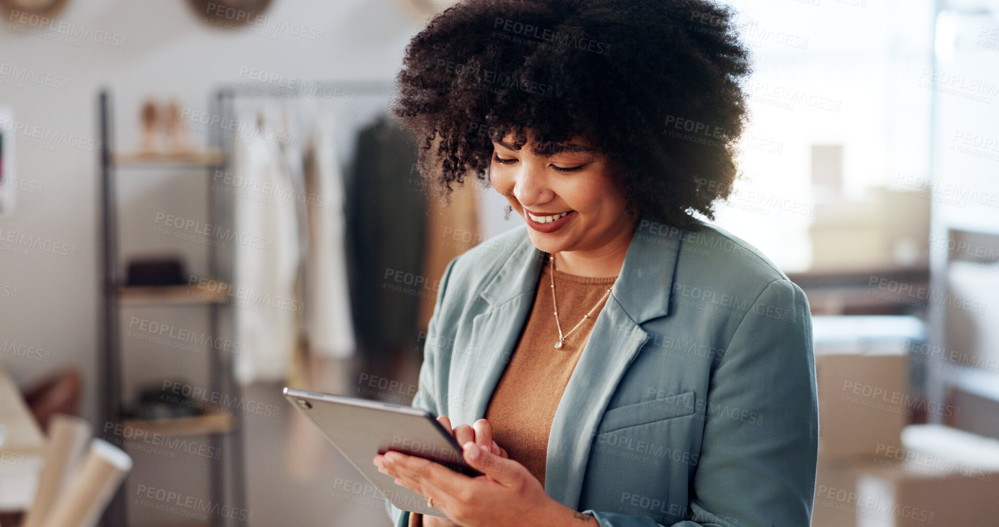 Buy stock photo Fashion, woman and inventory with tablet for supply chain, business management and stock in workshop. Supplier, female person and happy with tech for logistics, online order and shipping confirmation