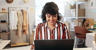 Buy stock photo Business, woman and smile with laptop for distribution, shipping schedule and inventory management. Happy, person and feedback for ecommerce, logistics and supply chain with quality control checklist