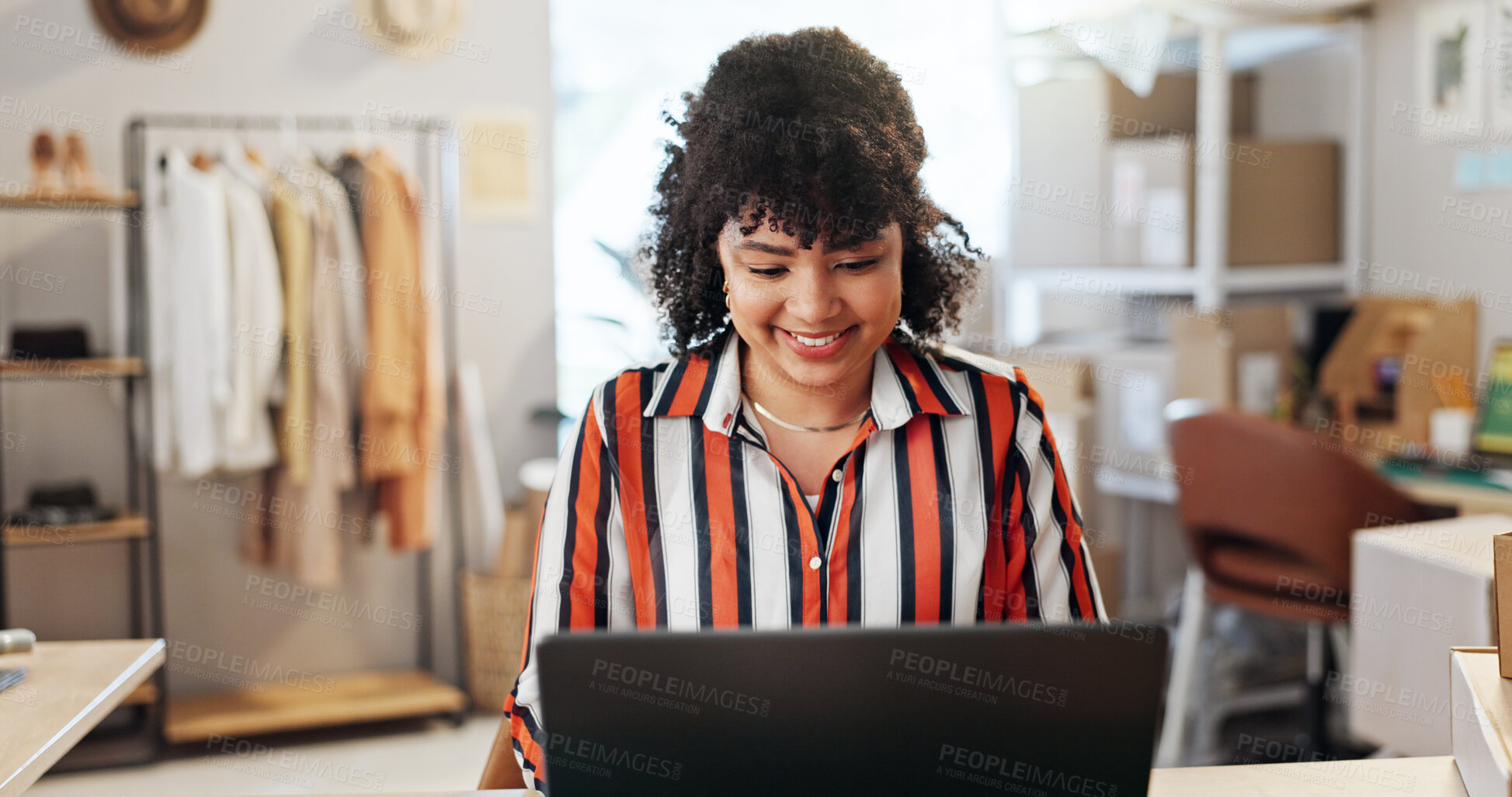 Buy stock photo Business, woman and smile with laptop for distribution, shipping schedule and inventory management. Happy, person and feedback for ecommerce, logistics and supply chain with quality control checklist