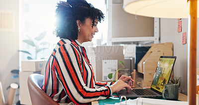 Buy stock photo Entrepreneur, woman or typing on laptop for distribution, shipping schedule or inventory management. Business, person or online feedback for ecommerce, logistics and supply chain with order checklist