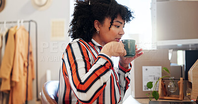 Buy stock photo Coffee, relax and woman in office for startup business with admin for ecommerce orders. Research, computer and female fashion designer drinking cappuccino in morning for shipping information.