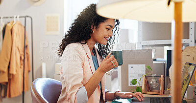 Buy stock photo Coffee, research and woman in office for startup business with admin for ecommerce orders. Distribution, computer and female fashion designer drinking cappuccino in morning for shipping information.