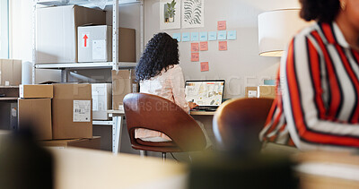 Buy stock photo Small business website, woman and laptop screen for online shop with dropshipping sale, supply chain and ecommerce. Shipping industry, back and employee with inventory management and order delivery