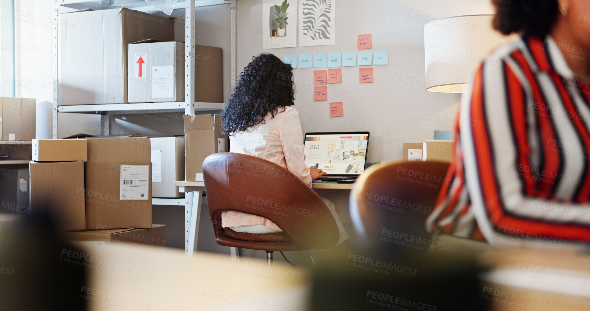 Buy stock photo Small business website, woman and laptop screen for online shop with dropshipping sale, supply chain and ecommerce. Shipping industry, back and employee with inventory management and order delivery