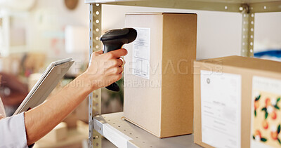 Buy stock photo Tablet, woman or hands with scanner for box in small business, logistics or startup for inventory. Boutique, person or store owner with digital tools for storage check, address or shipping cargo code