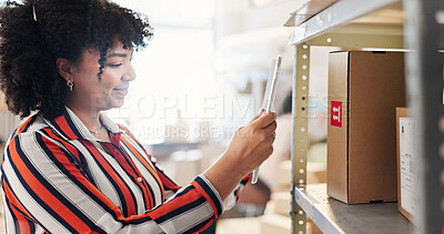 Buy stock photo Box, scanning and tablet with woman in logistics office for delivery or shipment tracking. Inventory, stock and supply chain with distribution employee in warehouse for export or import schedule