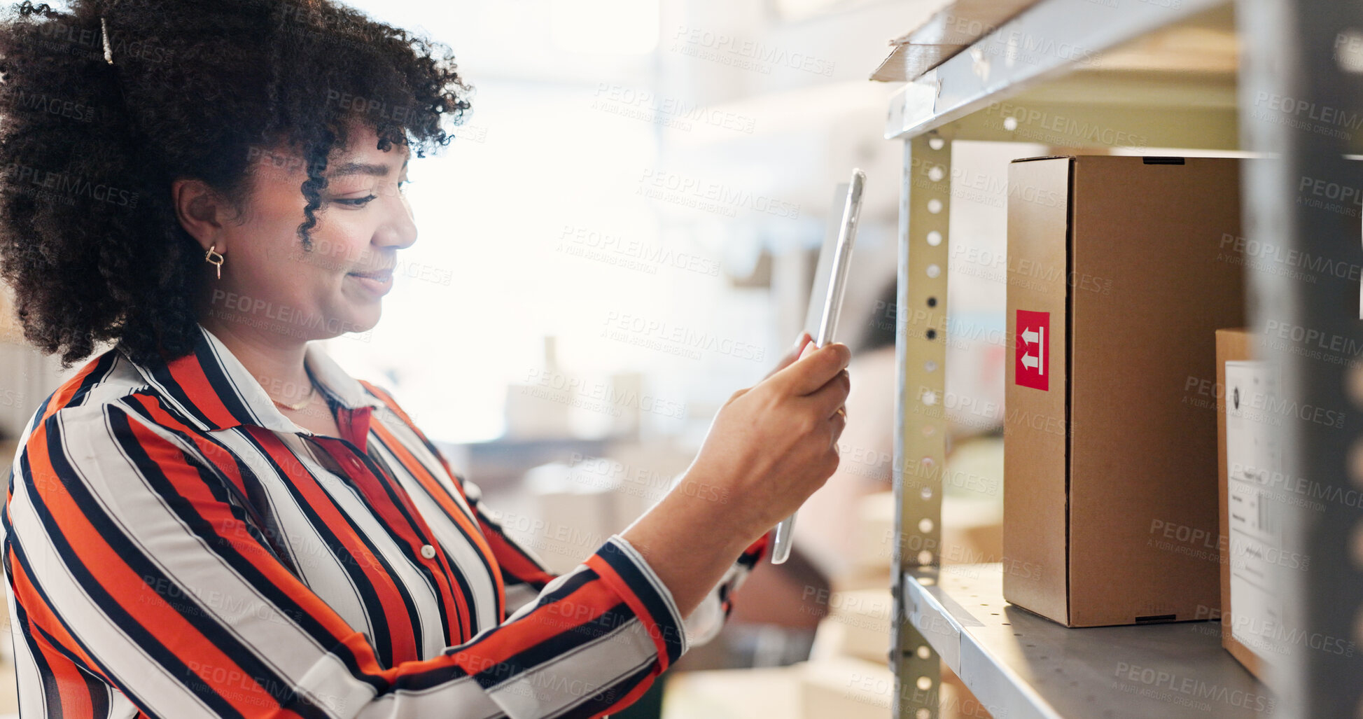 Buy stock photo Box, scanning and tablet with woman in logistics office for delivery or shipment tracking. Inventory, stock and supply chain with distribution employee in warehouse for export or import schedule