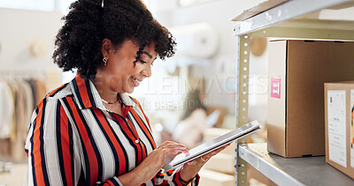 Buy stock photo Smile, woman and tablet with boxes of small business for online order, supply chain and fashion website. Person, digital and package for quality assurance, clothes ecommerce and inventory management