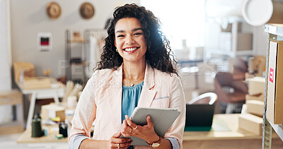 Buy stock photo Portrait, happy and woman on tablet for small business, fashion ecommerce and management of boutique. Female person, smile and digital with supply chain, clothing production and logistic distribution