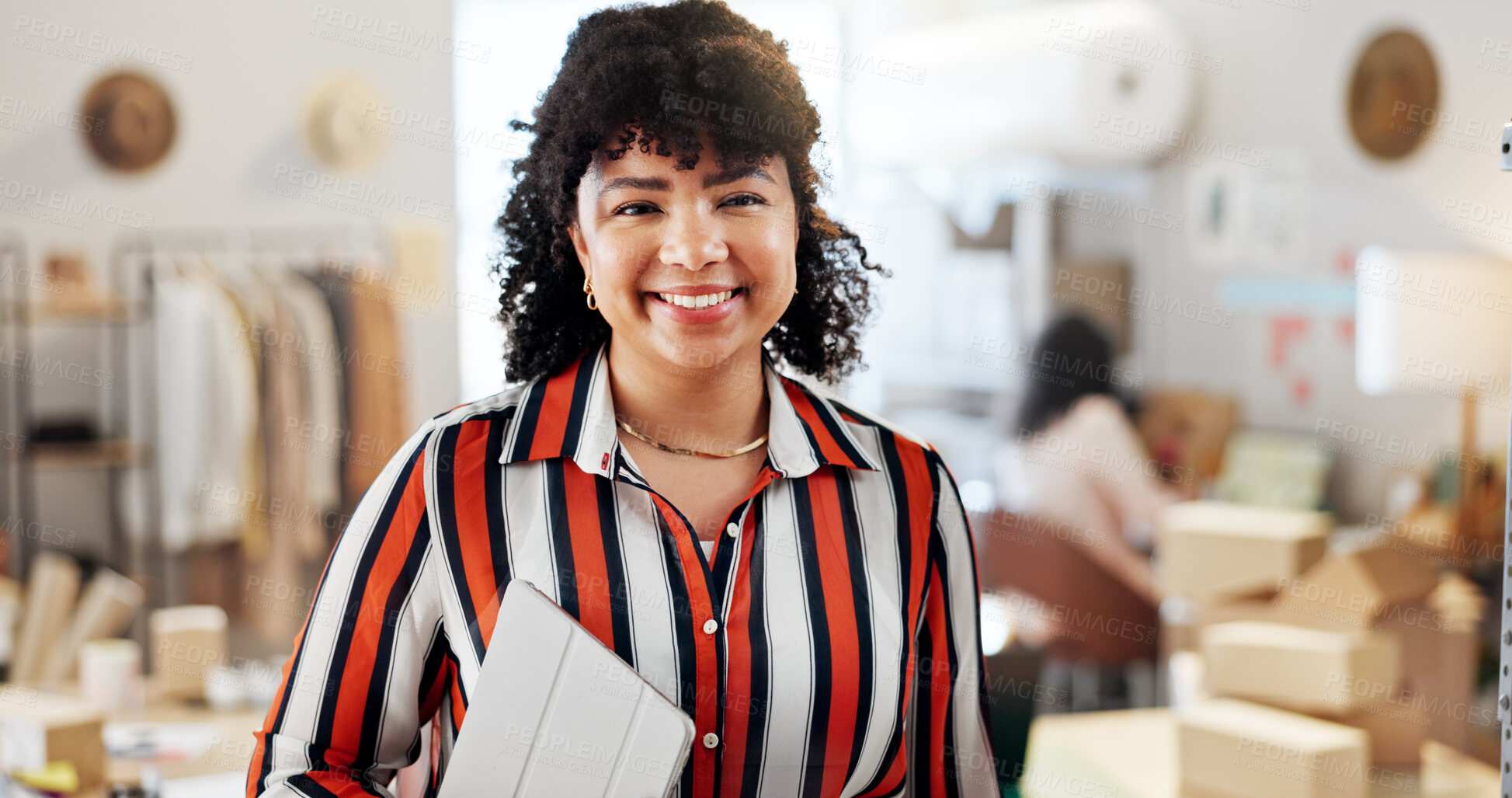 Buy stock photo Logistics, small business or happy woman with portrait for shipping, clothes delivery or inventory management. Startup, smile or tablet for online feedback for ecommerce order or supply chain boxes