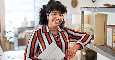 Buy stock photo Portrait, business and woman with tablet for distribution, fashion ecommerce and boutique management. Female person, smile and inspection for supply chain, clothes production and logistics inventory
