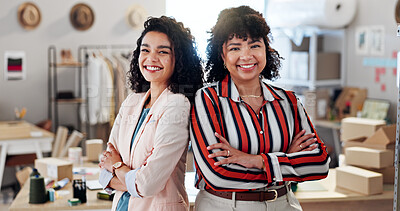 Buy stock photo Arms crossed, small business or happy women with portrait for teamwork, clothes delivery or inventory management. Startup, boxes or people with smile for ecommerce order, logistics or supply chain