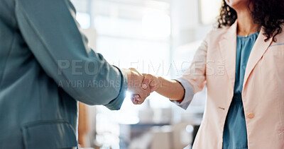 Buy stock photo Business, women and greeting with handshake in office of introduction, welcome and logistics deal. People, shaking hands or congratulations of recruitment, distribution agreement and onboarding offer