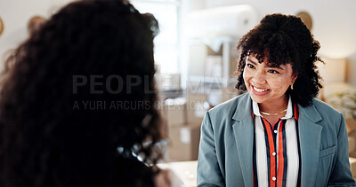 Buy stock photo Business people, boxes and women with conversation, smile and cooperation with shipping. Employees, supply chain and consultants with delivery service, packaging and distribution with collaboration