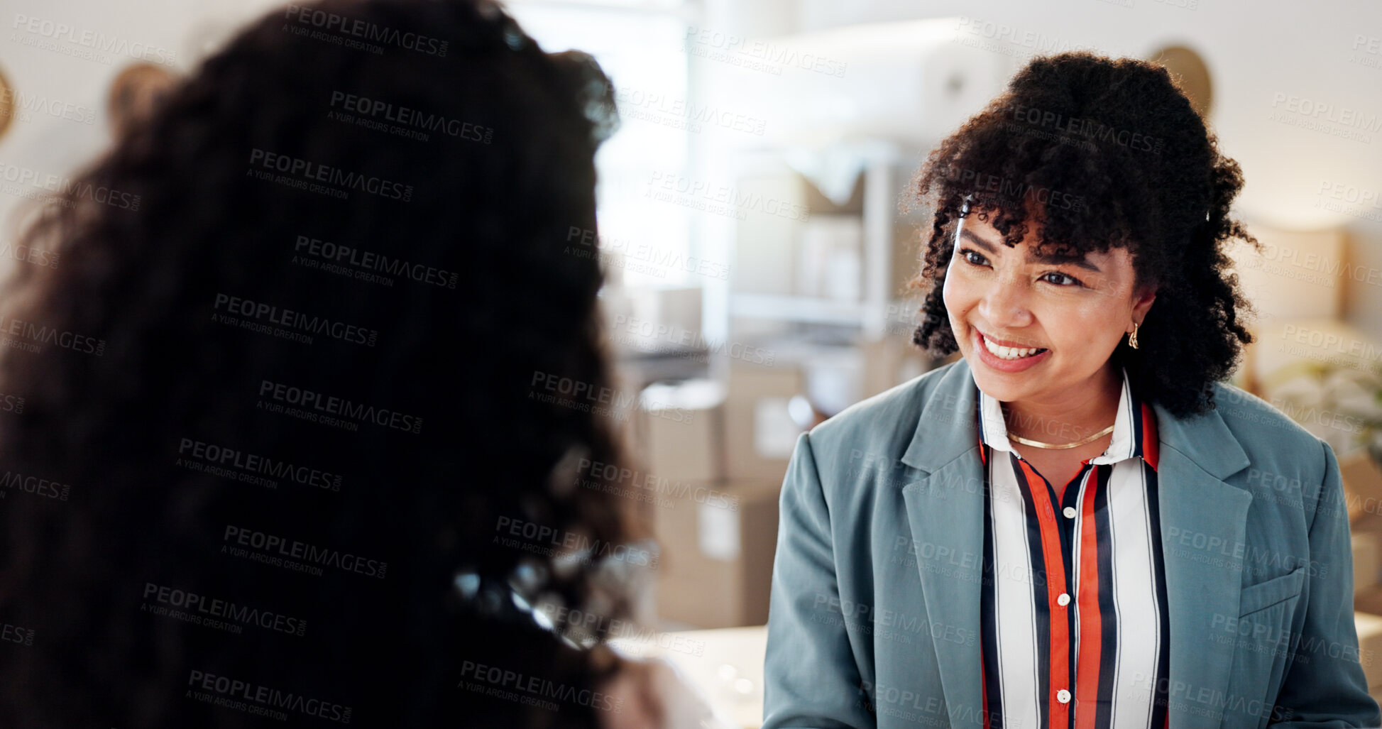 Buy stock photo Business people, boxes and women with conversation, smile and cooperation with shipping. Employees, supply chain and consultants with delivery service, packaging and distribution with collaboration