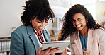 Business, people and laughing on tablet for distribution of online orders, delivery schedule and logistics. Women, funny joke and digital of ecommerce checklist, supply chain and inventory management