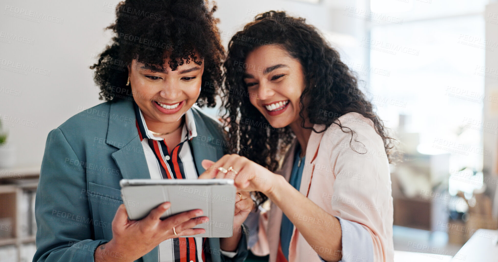 Buy stock photo Happy, business and people on tablet with distribution of online orders, delivery schedule and logistics. Women, pointing and digital for checklist of ecommerce, supply chain and inventory management