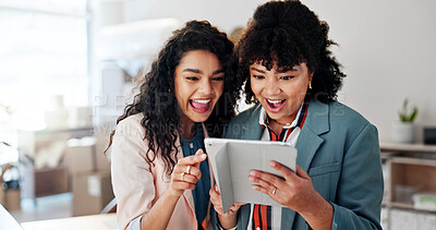 Buy stock photo People, excited and tablet for ecommerce in small business, good news and sales progress of orders. Team, women and online with success for distribution deal, supply chain report and inventory update