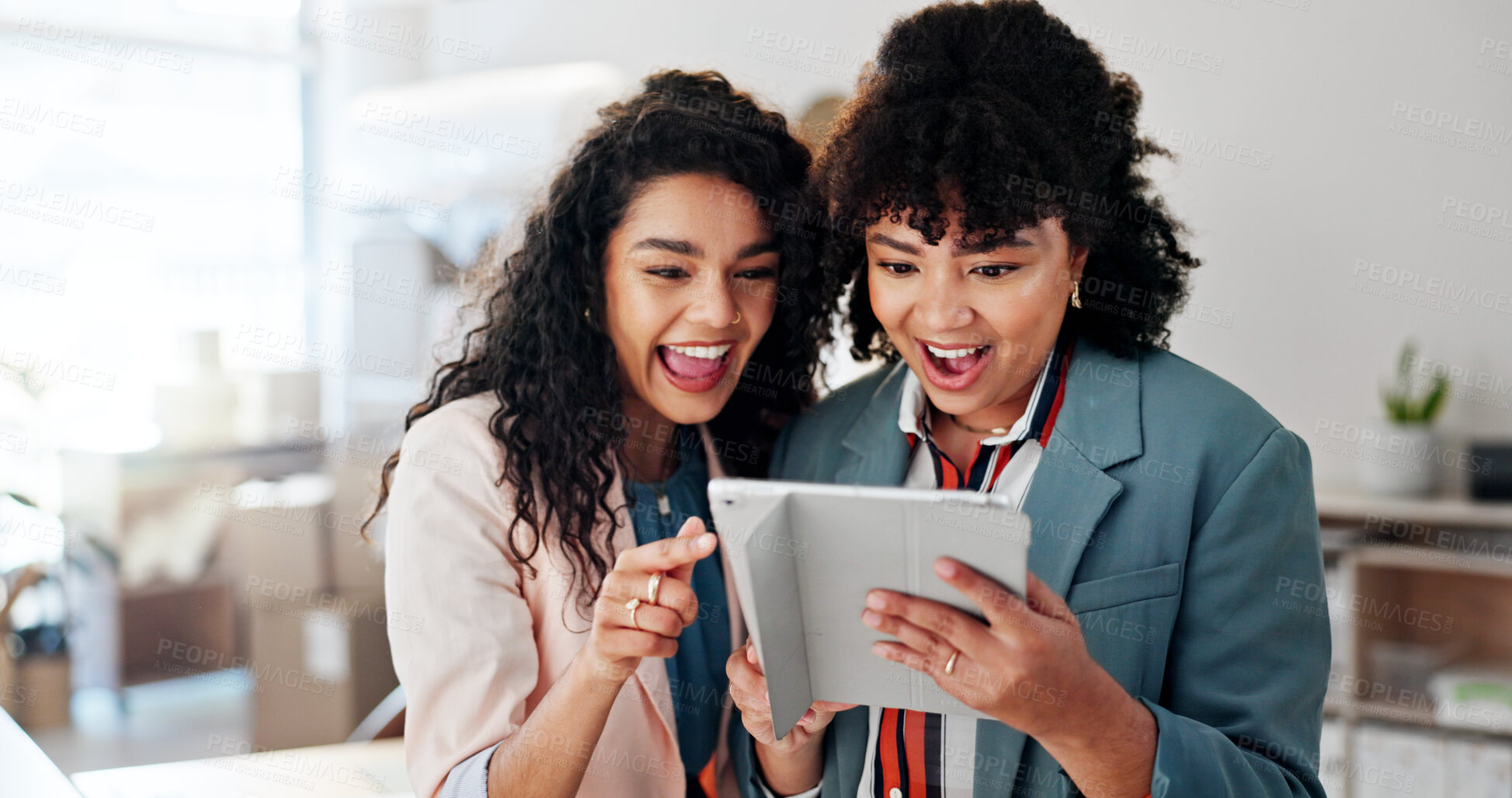 Buy stock photo People, excited and tablet for ecommerce in small business, good news and sales progress of orders. Team, women and online with success for distribution deal, supply chain report and inventory update