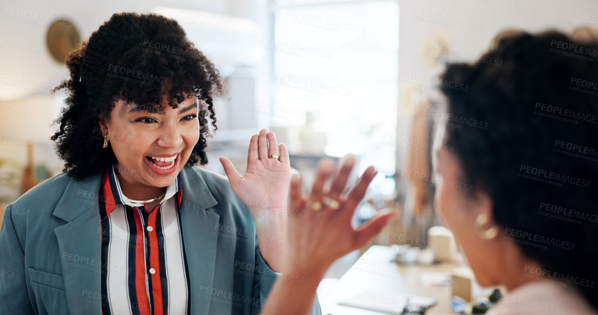 Buy stock photo Online shop, business and people with high five celebration for startup launch, ecommerce opportunity and excited. Fashion boutique, women and happy with store achievement, teamwork and partnership