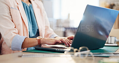 Buy stock photo Startup, hands or woman typing on laptop for logistics, delivery schedule or inventory management. Small business, person or online feedback for ecommerce, website and supply chain with sales order 