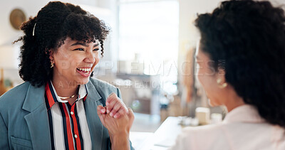 Buy stock photo Small business, happy and people with high five celebration for clothing store launch, partnership and startup success. Fashion boutique, women and excited with shop achievement, teamwork and pride