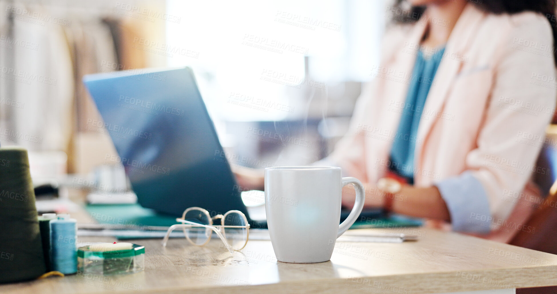 Buy stock photo Startup, coffee or hands of woman on laptop for fashion design, product research or inventory management. Business, designer or online feedback for ecommerce website, sales order or entrepreneur