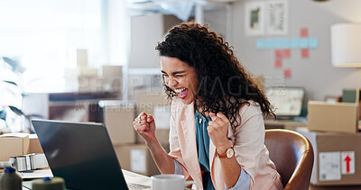 Buy stock photo Business, woman and success on laptop for distribution good news, sales progress and logistics deal. Person, fist pump and pc with online orders, delivery announcement and winner as fashion designer