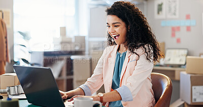 Buy stock photo Excited, business and woman on laptop for distribution good news, sales progress and logistics success. Person, reading and pc with online orders, delivery announcement and winner as fashion designer