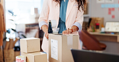 Buy stock photo Business, boxes and woman with hands, tape machine and process for packaging, shipping and logistics. Closeup, person or entrepreneur in workplace, cardboard or parcel with seal for product or safety