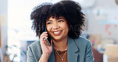 Buy stock photo Fashion, happy and woman with phone call at small business for online order, package delivery and distribution. Ecommerce, african person and talking to client for shipping query and stock assistance
