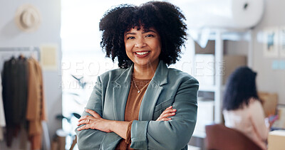 Buy stock photo Portrait, business or woman with arms crossed, textile workshop or designer with supply chain. Face, happy person or entrepreneur with fashion shop, confidence or logistics with distribution or pride