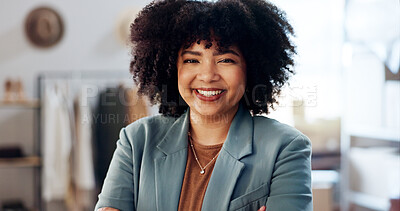 Buy stock photo Fashion, happy and portrait of businesswoman in office with startup company for retail. Commerce, pride and female designer with confidence for entrepreneur, seamstress or dressmaking in workplace.