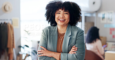 Buy stock photo Portrait, smile and woman with arms crossed, fashion company and designer with confidence. Face, happy person or entrepreneur with logistics, distribution and textile workshop with fabric and startup