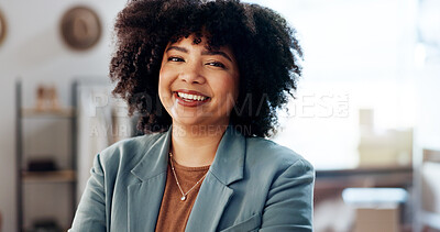 Buy stock photo Portrait, business and woman in office, smile and confidence with professional, supply chain and pride. Face, happy person and entrepreneur with delivery service, shipping and logistics with import