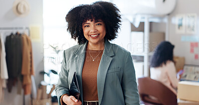 Buy stock photo Fashion, tablet and portrait of woman in office with inventory for startup business. Ecommerce, pride and female designer with digital technology for online order with distribution information