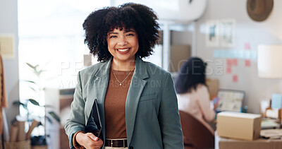 Buy stock photo Portrait, happy and woman with boxes for small business, fashion ecommerce and management of boutique. Female person, smile and tablet with supply chain, clothing production and logistic distribution