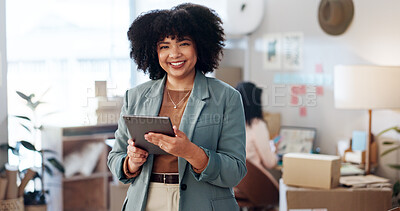 Buy stock photo Portrait, smile and woman on tablet for small business, fashion ecommerce and management of boutique. Female person, happy and digital with supply chain, clothing production and logistic distribution