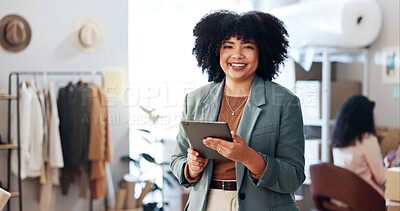 Buy stock photo Fashion, woman and portrait with tablet for supply chain, business management and stock for ecommerce. Workshop, female seller and smile with tech for inventory, online order or shipping confirmation