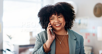 Buy stock photo Fashion store, happy and woman with phone call at small business for online order, delivery information and chat. Ecommerce, african person and talking to contact for customer service or supply chain