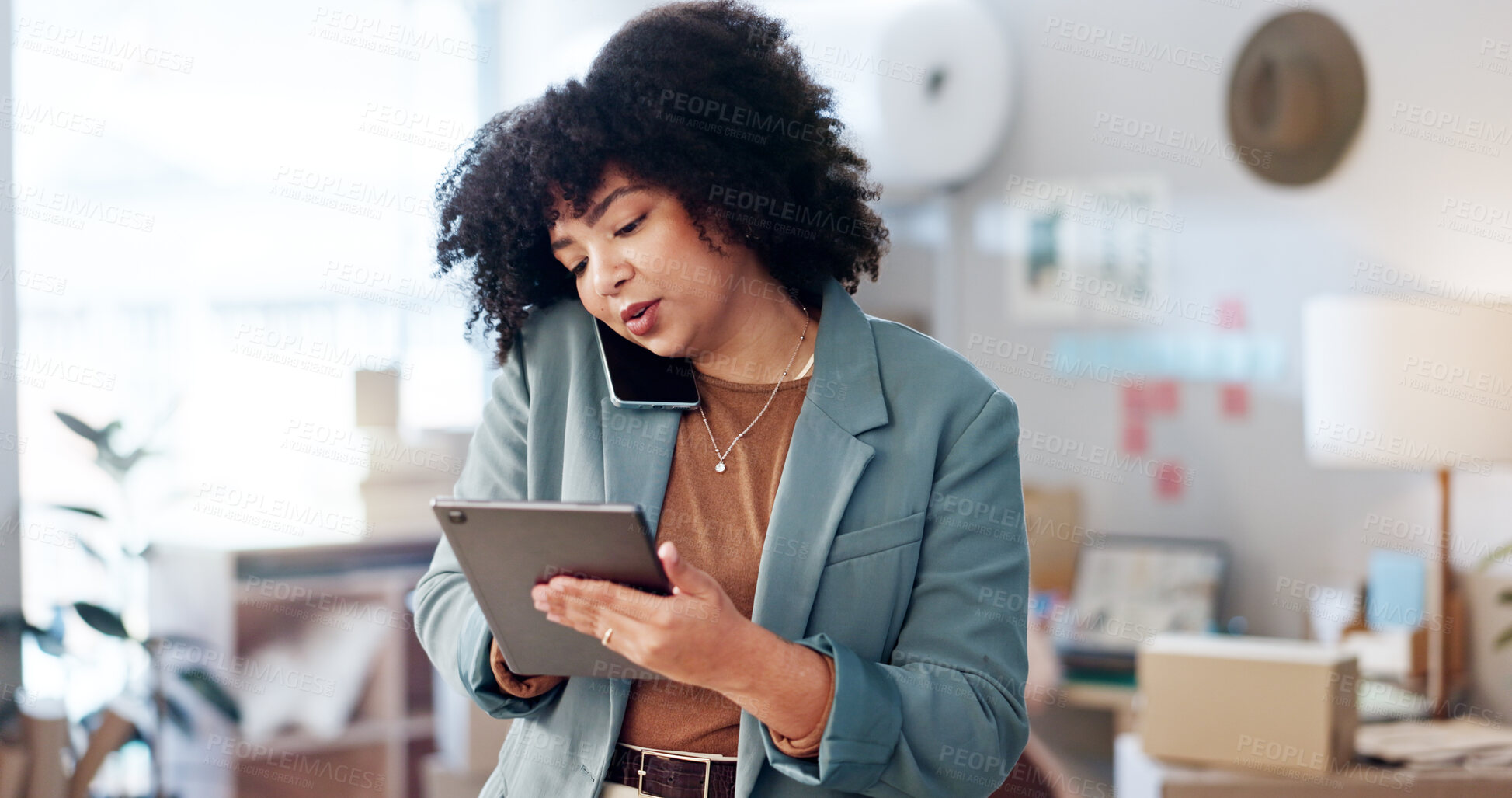 Buy stock photo Online shop, woman and phone call with tablet at small business for inventory management and stock order. Ecommerce, african person and consulting client with digital crm system for delivery tracking