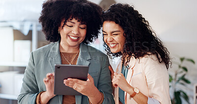 Buy stock photo Excited, women and team on tablet for small business, online orders and delivery schedule for logistics. People, digital and good news with ecommerce checklist, supply chain and inventory management