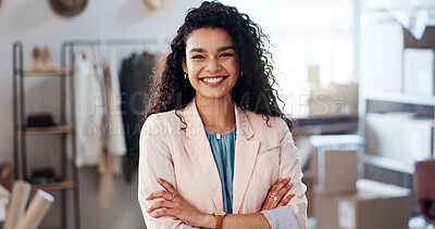 Buy stock photo Portrait, small business or woman with arms crossed, fashion company or designer with supply chain. Face, person or entrepreneur with smile, confidence or logistics with textile workshop or pride